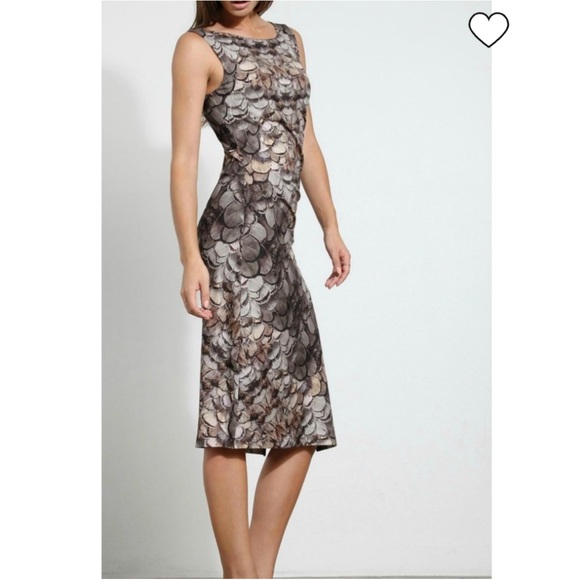 Three Dots Feather Print Shirred Midi Dress Womens Medium Ruched Tank Top Sleeve - Picture 2 of 10